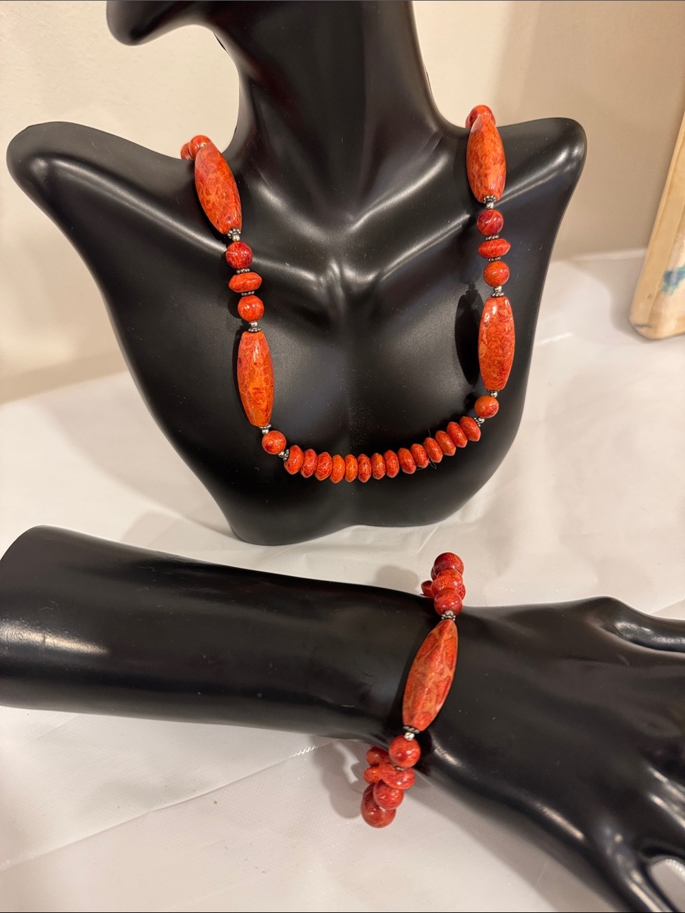 Lee Sands Red Sponge Coral Bead Necklace and Stretch Bracelet Set